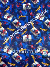 Cargar imagen en el visor de la galería, Microfibra Stretch Antifluidos Spiderman wall fondo azul
