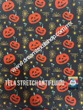 Cargar imagen en el visor de la galería, Microfibra Stretch Antifluidos Halloween Calabazas araña

