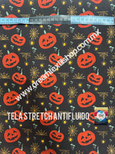 Cargar imagen en el visor de la galería, Microfibra Stretch Antifluidos Halloween Calabazas araña
