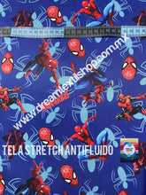 Cargar imagen en el visor de la galería, Microfibra Stretch Antifluidos Spiderman fondo azul
