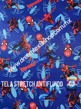Cargar imagen en el visor de la galería, Microfibra Stretch Antifluidos Spiderman fondo azul
