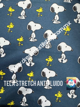 Cargar imagen en el visor de la galería, Microfibra Stretch Antifluidos Snoopy woodstock fondo azul
