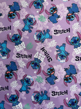 Cargar imagen en el visor de la galería, Microfibra Stretch Antifluidos Stitch Hey fondo lila
