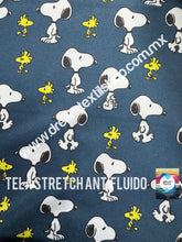Cargar imagen en el visor de la galería, Microfibra Stretch Antifluidos Snoopy woodstock fondo azul

